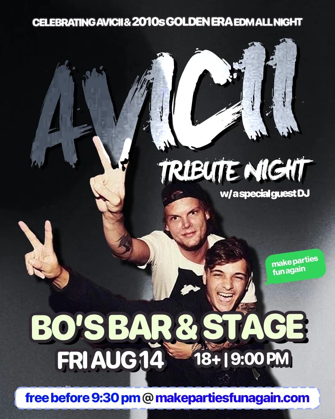 Avicii Night - 2010s EDM @ Bo's Bar & Stage Red Deer event poster