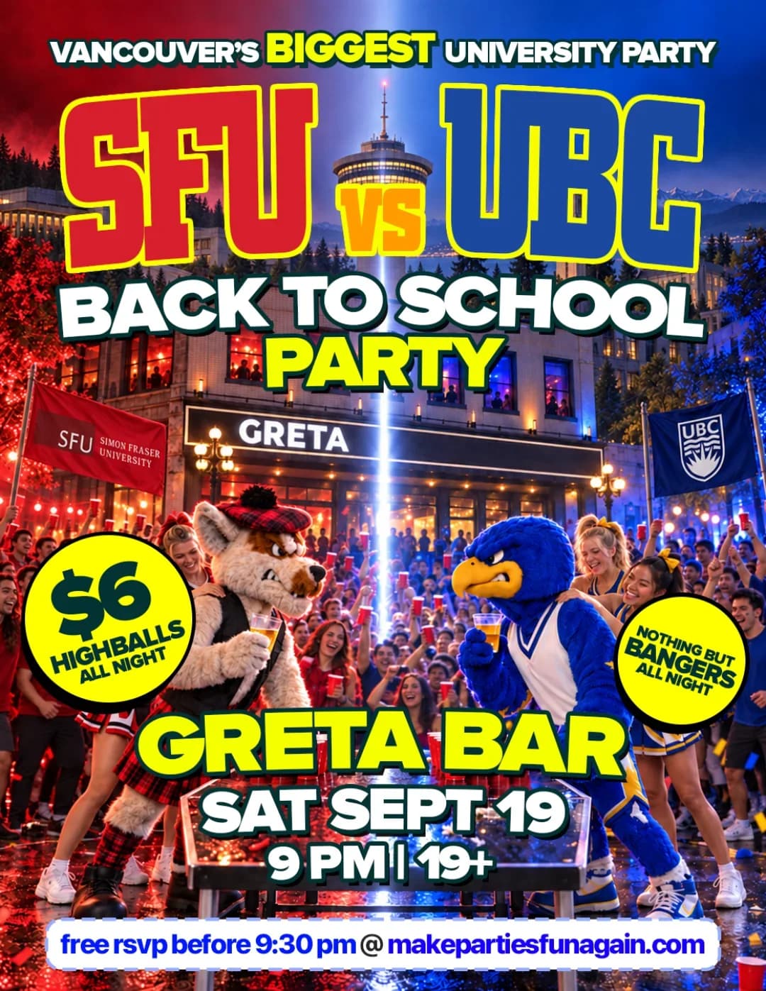 SFU vs UBC Back To School Party @ Greta Vancouver event poster