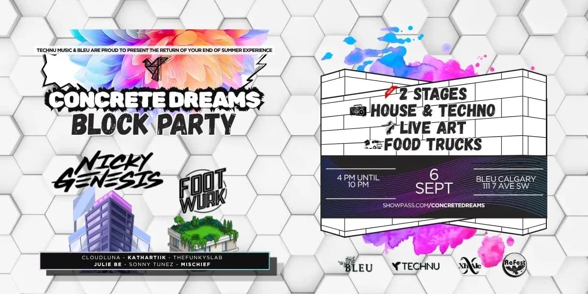 CONCRETE DREAMS BLOCK PARTY 2026: TECHNU MUSIC & BLEU event poster