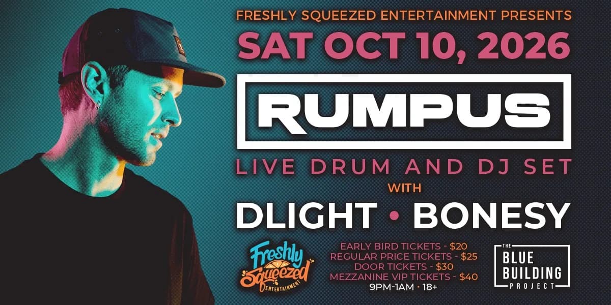 Rumpus Live Drum and DJ Set at the Blue Building event poster