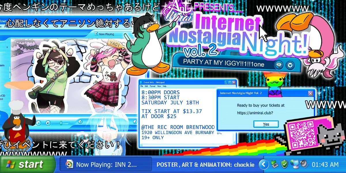 AniMirai Presents: 🌈Internet Nostalgia Night Vol. 2! PARTY AT MY IGGY!!!1!one🐧🧊 event poster