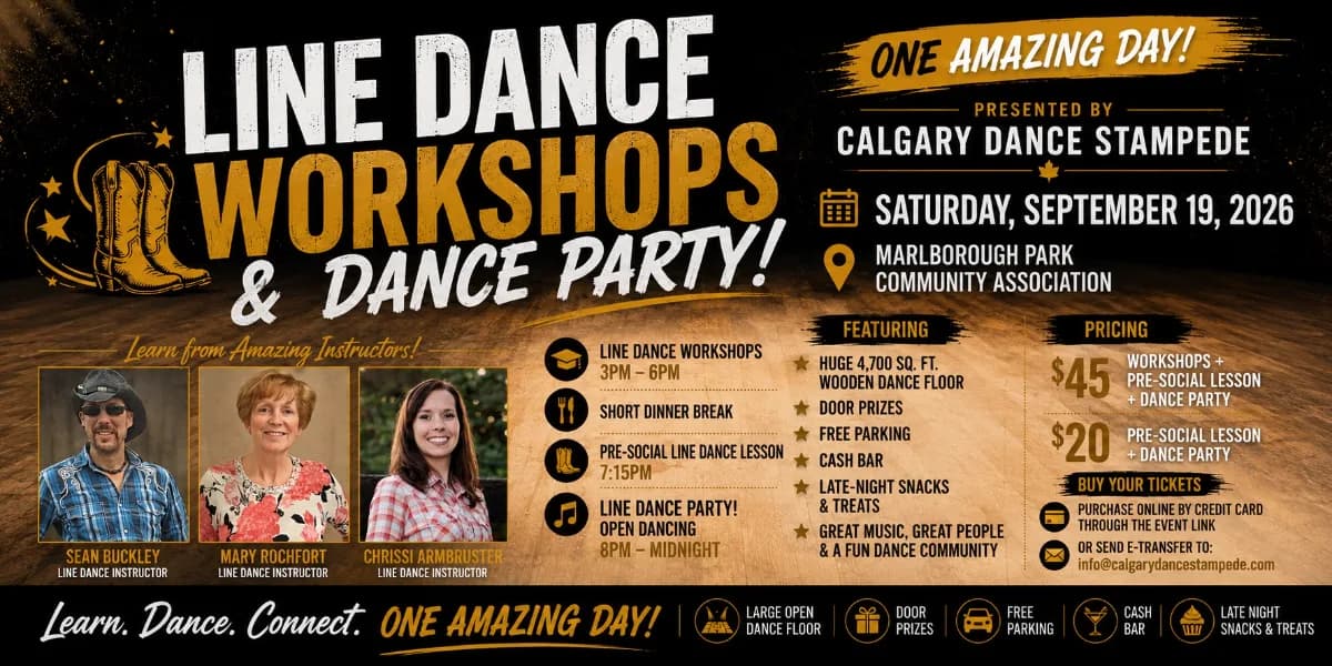 2026 Line Dance Workshops and Social Dance event poster