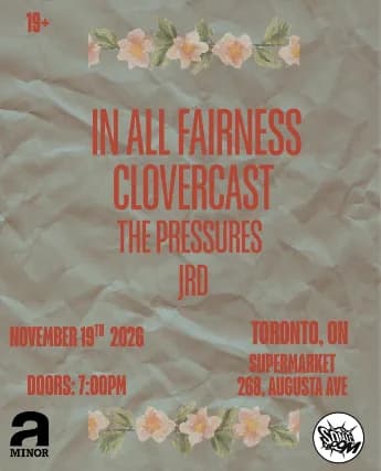 In All Fairness w/ Clovercast, The Pressures & JRD event poster