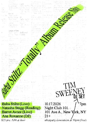 Baba Stiltz, Natasha Stagg (reading), Barrett Avner, Ana Roxanne DJ event poster