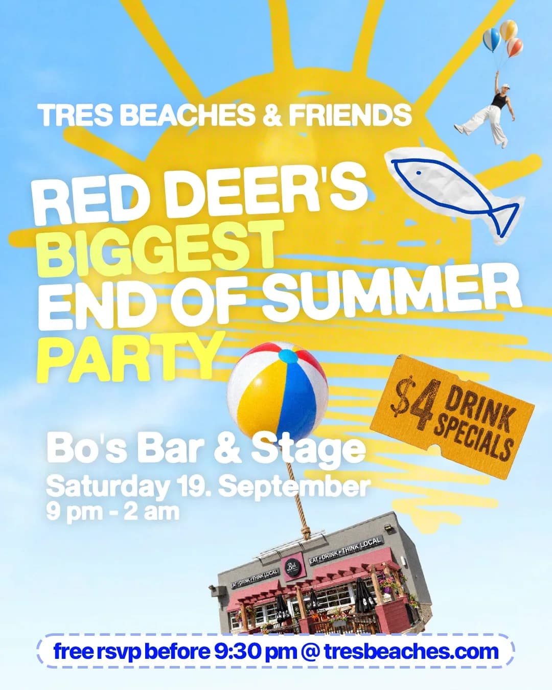 Tres Beaches Red Deer Pop Up Party @ Bo's Bar & Stage event poster